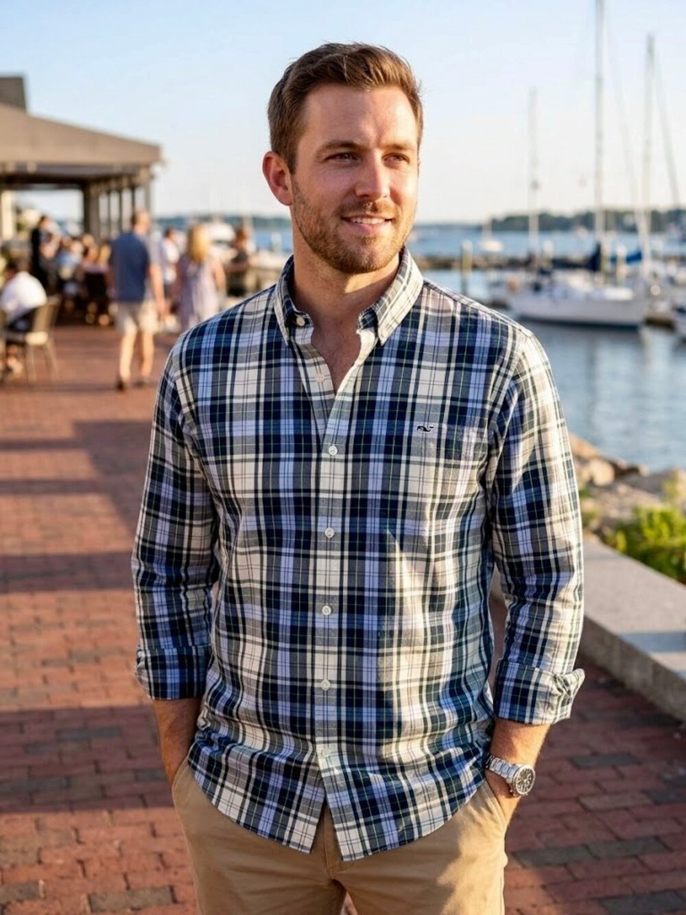 Men's Vineyard Vines Slim Fit Whale Button Down Shirt Green Blue Plaid Size XL
